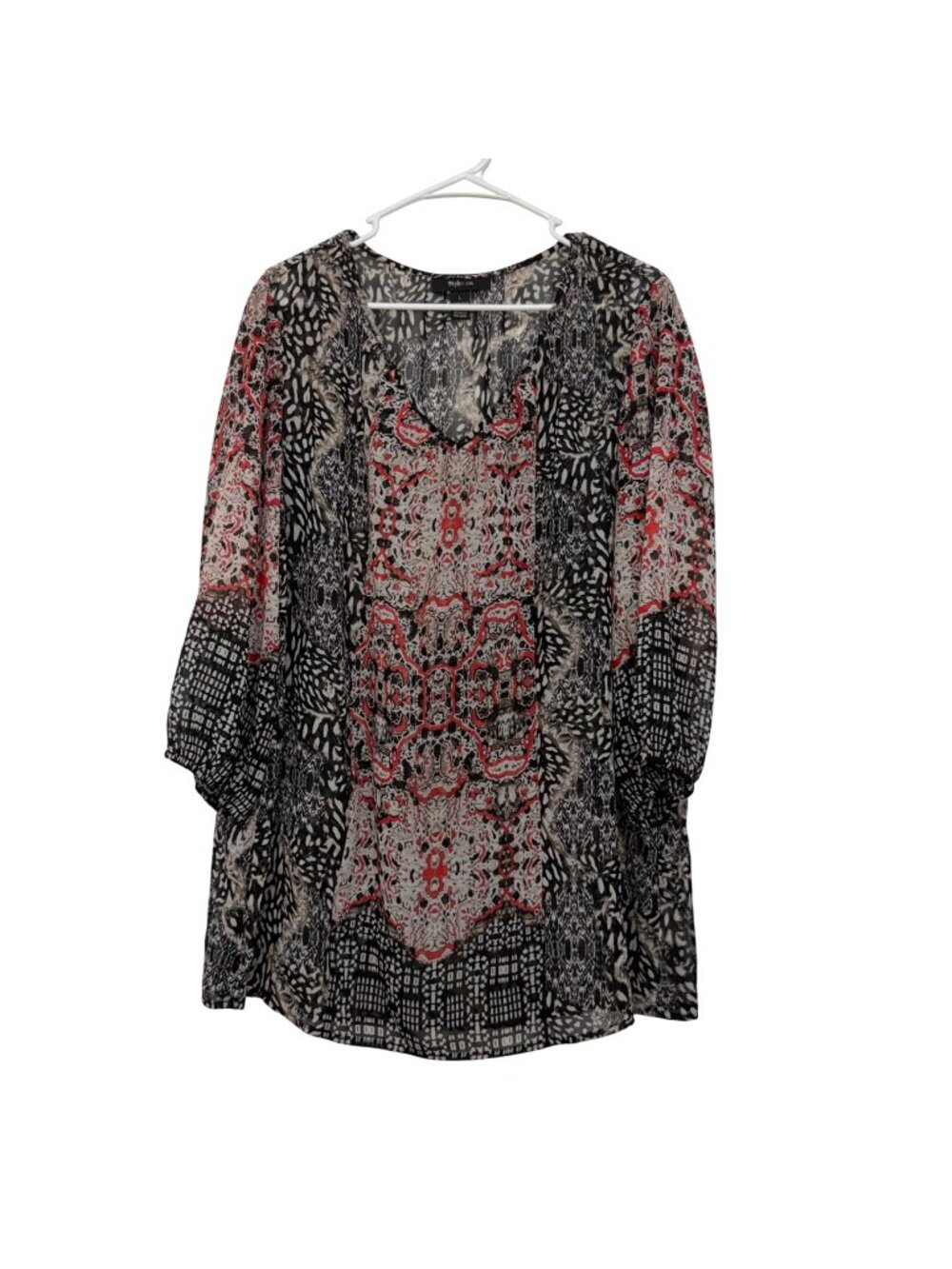 Style & Co Womens Printed Sheer Blouse With 3/4 Sleeves Size Large Multicolor